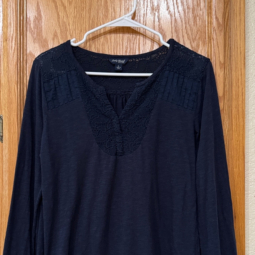 Lucky Brand Navy Blue Long Sleeve Tunic with Lace Accents - Size Large